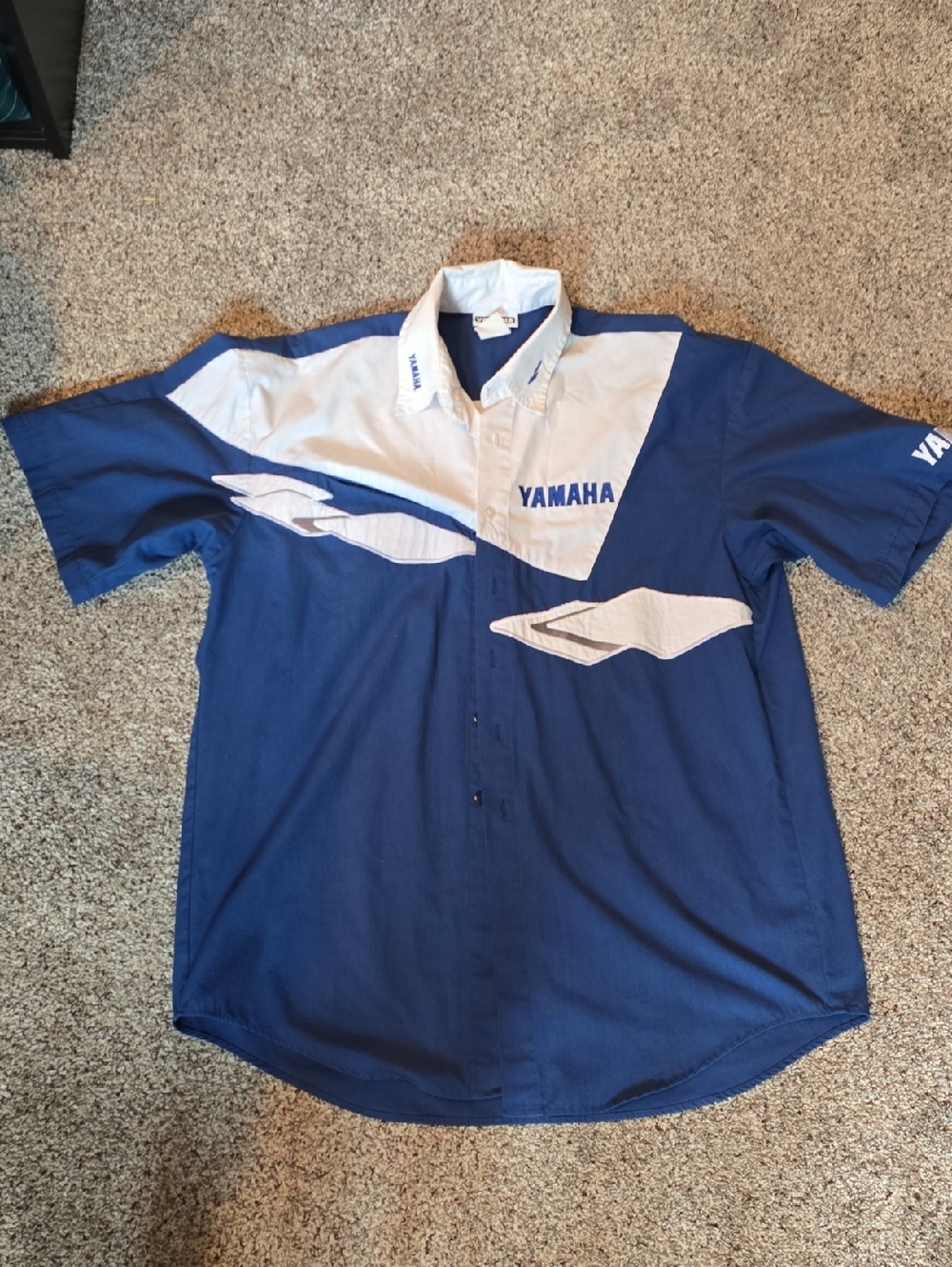 Yamaha Blue and White Racing-Style Short Sleeve Button Down Shirt
